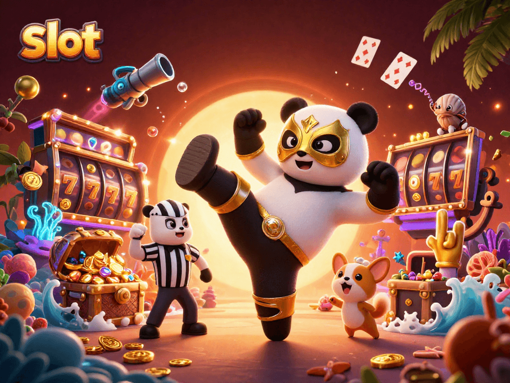 Menghidupkan slot dengan panda berwrestler emas dalam aksi terbang, dikelilingi harta berkilau.