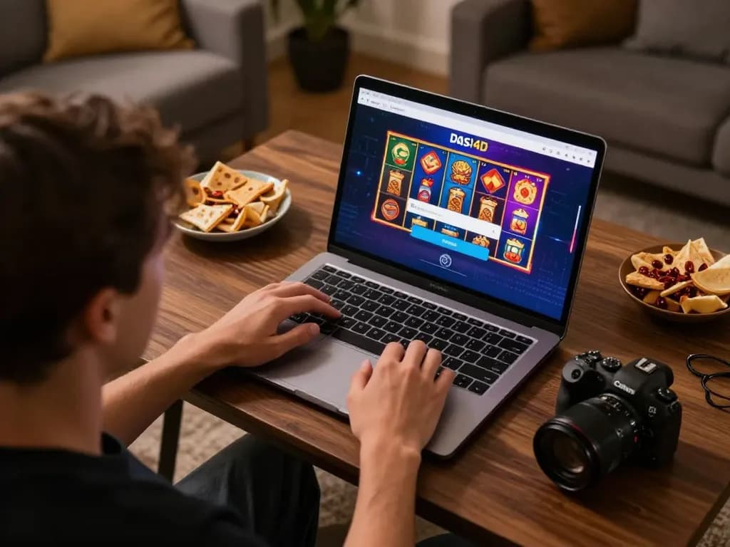 Layar login DASI4D ditampilkan di laptop sambil menikmati sesi permainan online dalam suasana yang nyaman.