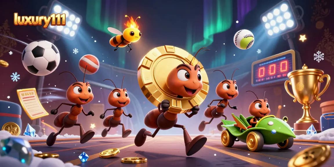 Engaging luxury111 illustration featuring ants on a heist with golden poker chip surrounded by sports elements.