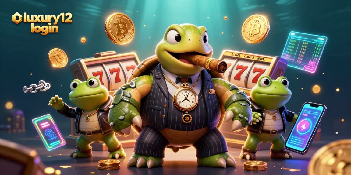 Experience luxury12 login with fun characters in a vibrant casino-themed scene.