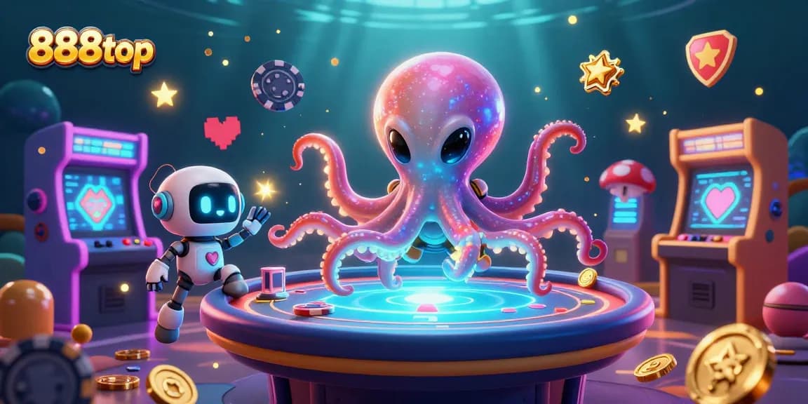 Experience the excitement of casino gaming with 888top's colorful interactive scene featuring an alien octopus at a poker table.