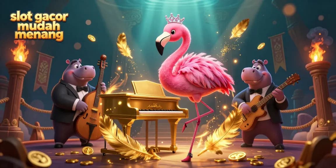Slot gacor mudah menang dengan penyanyi flamingo dan pemain hippo dalam suasana kasino yang meriah.