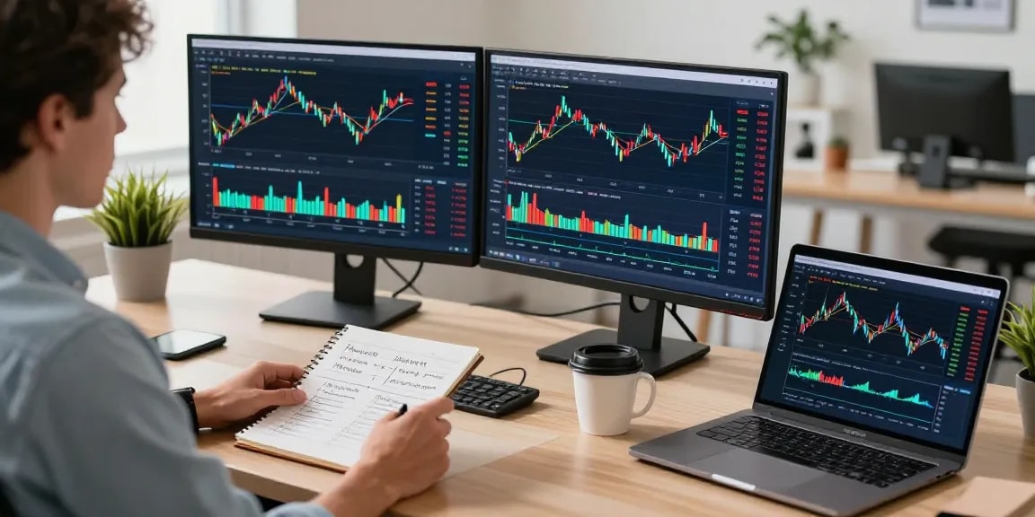 在TradingView官网上使用多个屏幕进行市场分析的交易者,展现专业的交易工作环境。