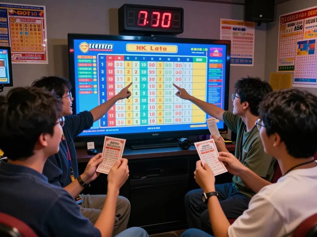 Excited players watching HK Lotto results live during a thrilling draw.