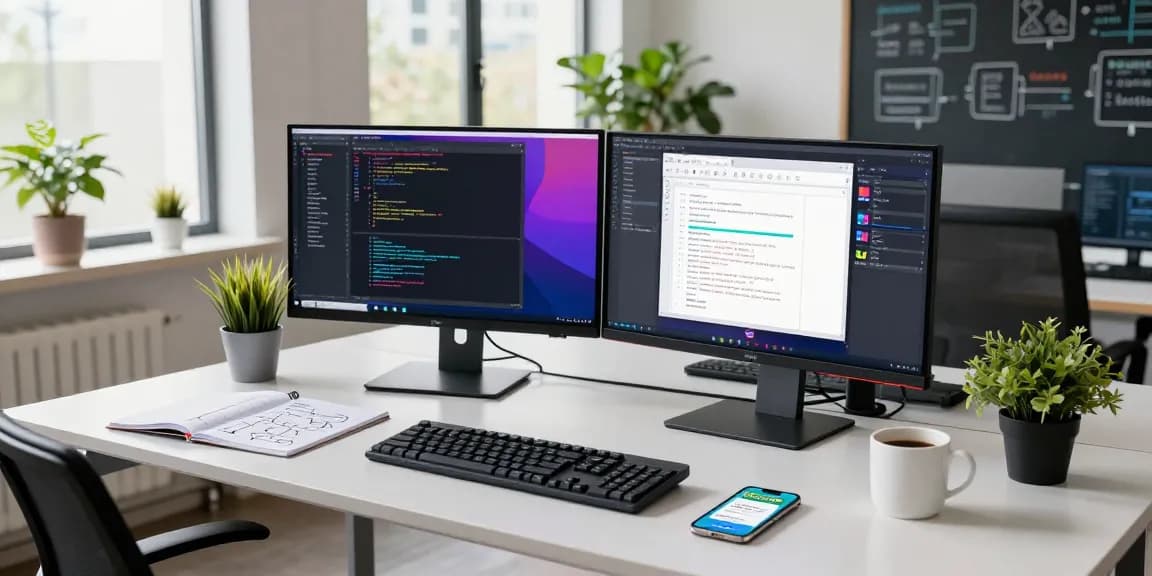新2网址软件开发工作环境,程序员专注于代码,明亮现代办公室。
