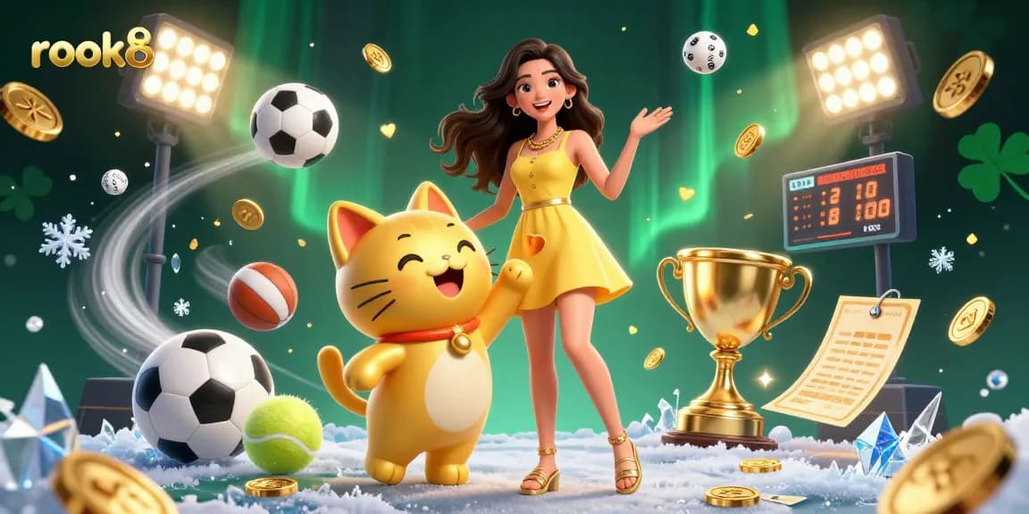 Experience thrilling gaming with rokok88, featuring a smiling woman, lucky cat, and dynamic sports betting action.