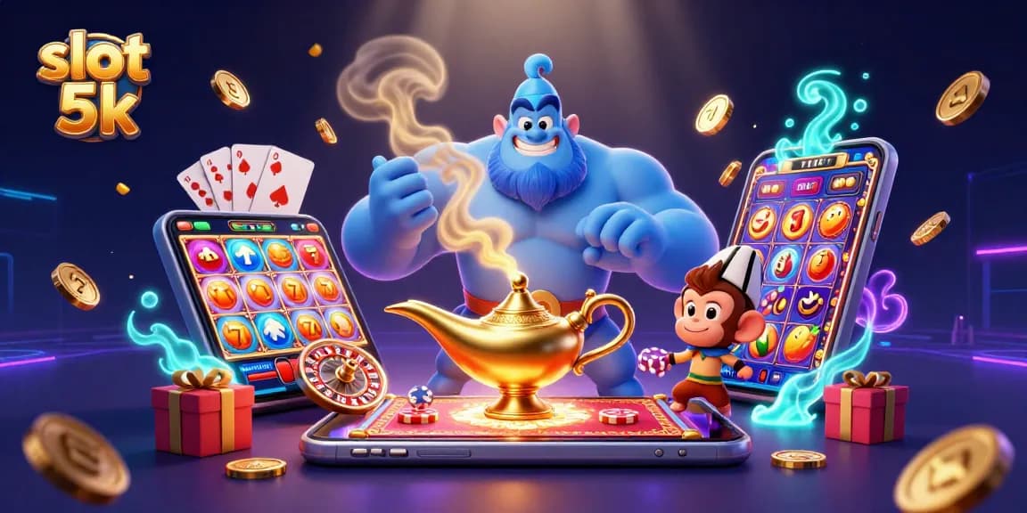 Spin and win with slot 5k as a genie grants riches from a vibrant casino scene.