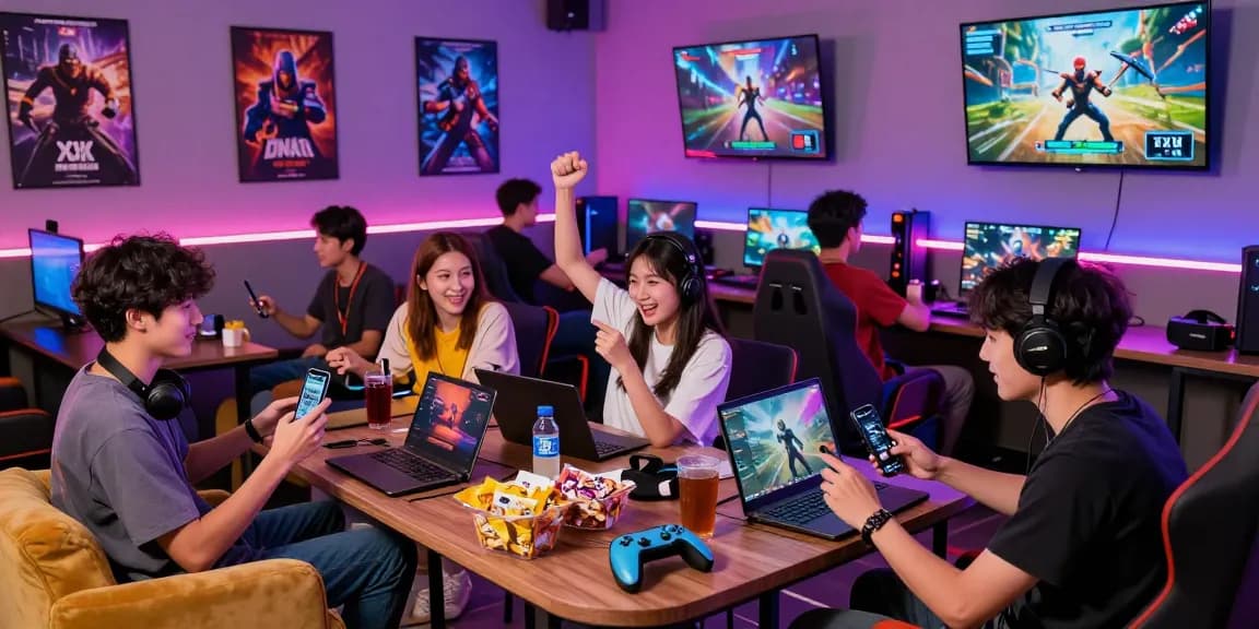 Young adults enjoying engaging xxx games in a colorful gaming lounge.