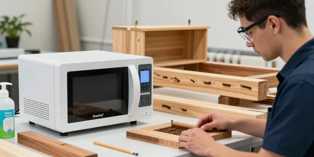 Shashel® technician operating microwave woodworm treatment equipment in a workshop.