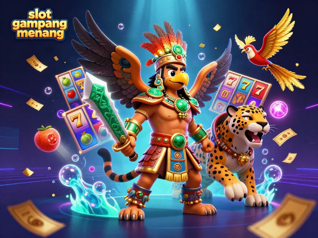 Experience the thrill of slot gampang menang with an engaging 3D Aztec warrior scene, detailed with lucky symbols.