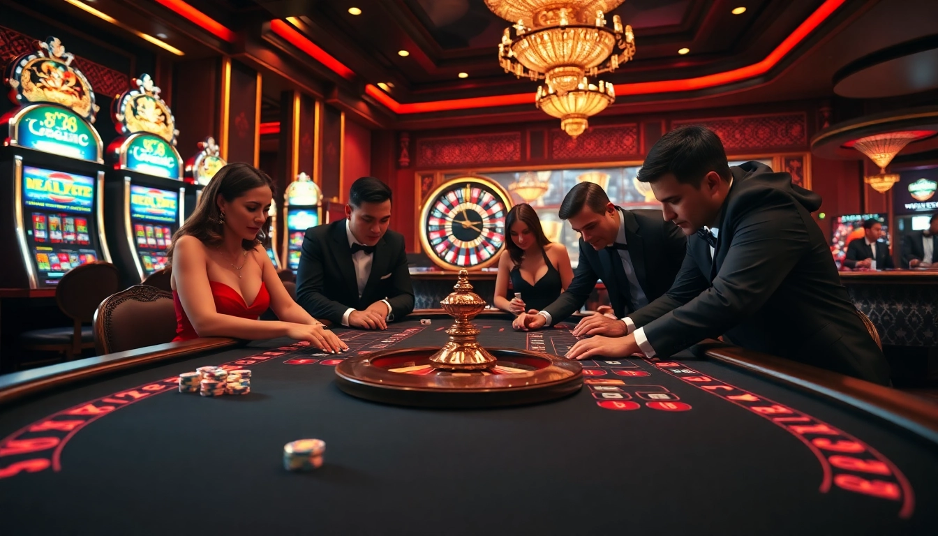 Players enjoying a thrilling game of Baccarat at the luxurious GO8 casino, with vibrant atmosphere and glamorous decor.