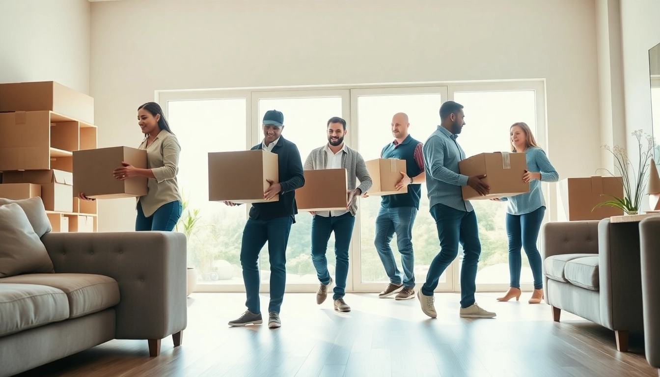 Efficient provincial moving team at work in a bright living room, showcasing teamwork and professionalism.
