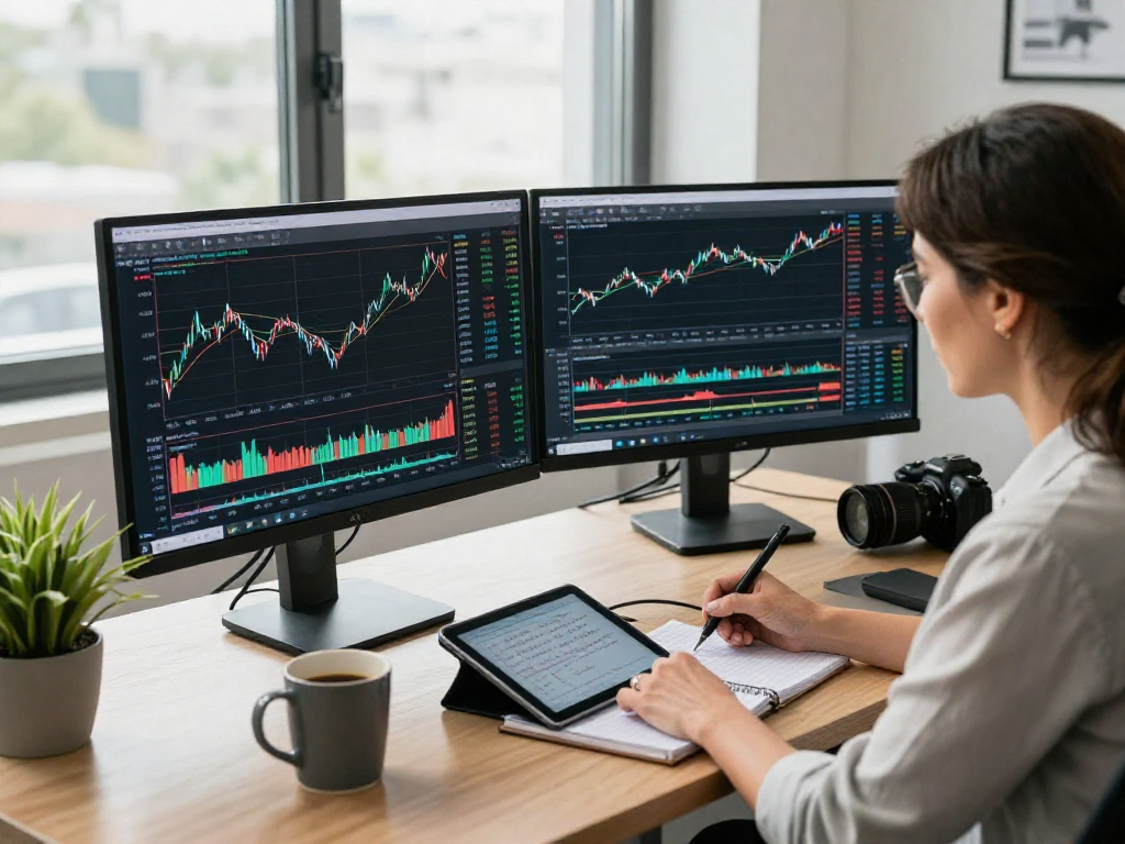 在TradingView实时行情分析平台中，金融分析师使用双屏显示器进行技术指标分析。