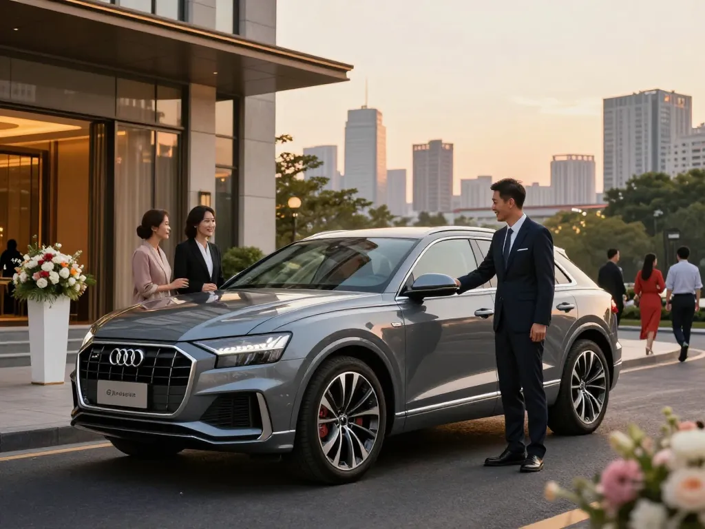 Dịch vụ cho thuê xe ô tô hạng sang với trải nghiệm cho thuê xe ô tô hạng sang, nổi bật với Audi Q8 trong bối cảnh đô thị.