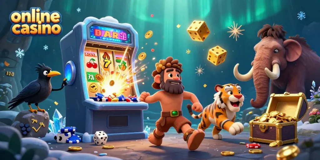 Experience the excitement of this online casino scene with a caveman and sabertooth duo at play.
