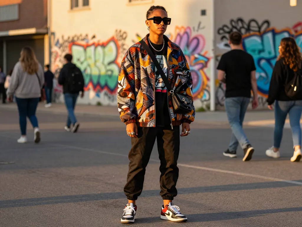 Street fashion scene showcasing the vibrant essence of Fashionisk .com with stylish outfit and urban background.