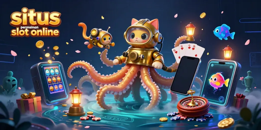 Visualisasi situs permainan slot online yang menampilkan kraken raksasa, kucing menyelam, dan elemen permainan keberuntungan.