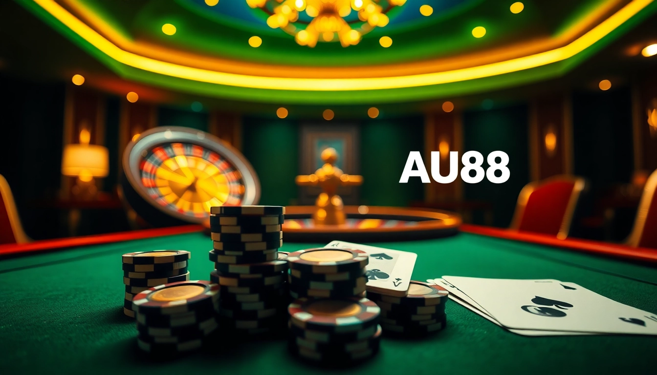 High-stakes gamblers enjoying a game at an AU88 casino table with luxurious poker chips.