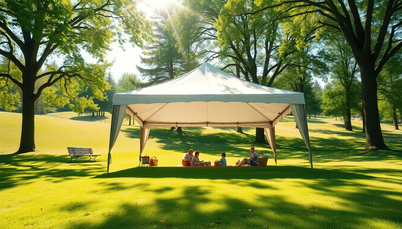 Families enjoying a picnic under a spacious canopy tent in a vibrant park setting.