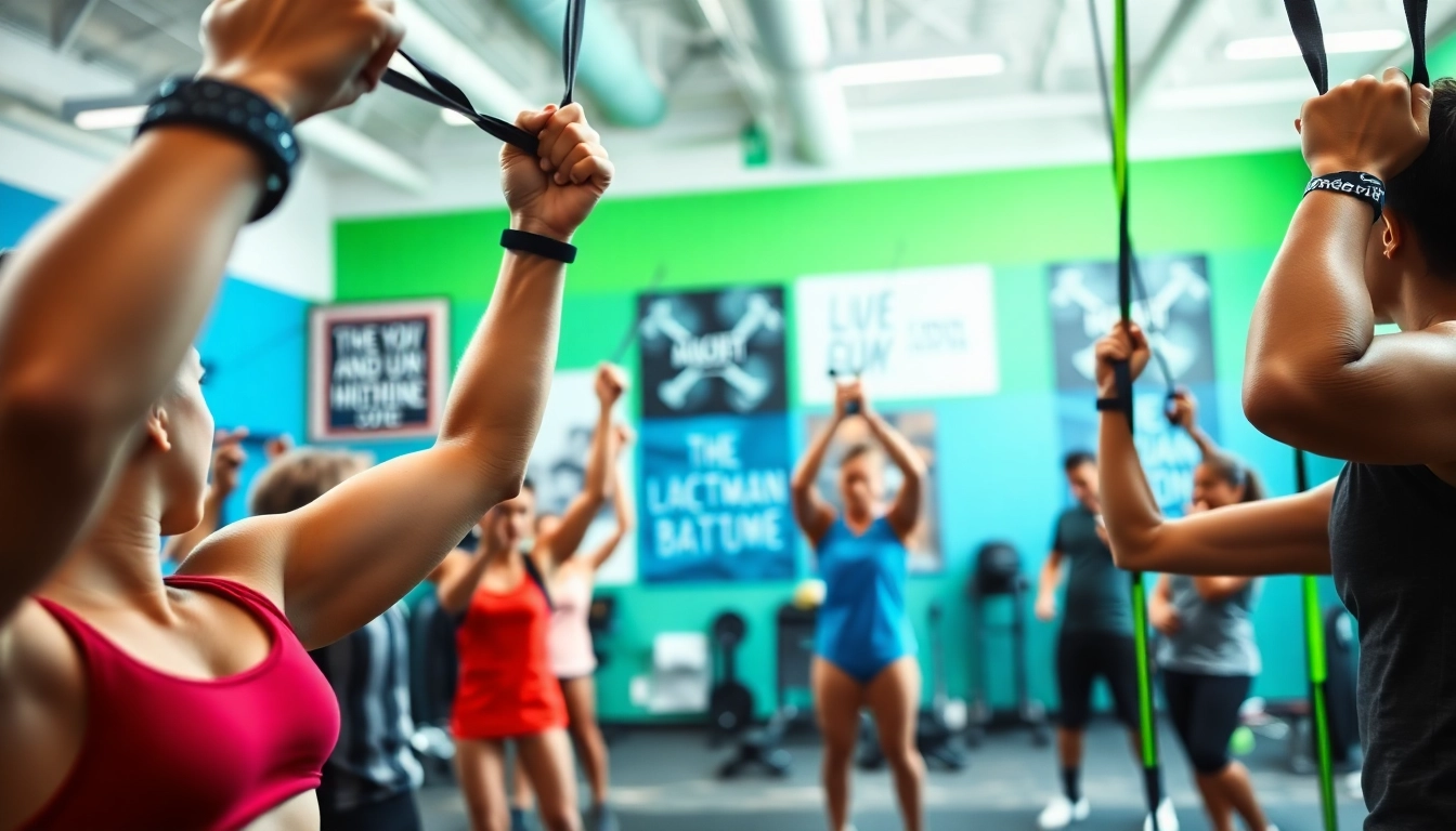 Individuals using assisted pull-up bands in a vibrant gym setting, showcasing strength and teamwork.