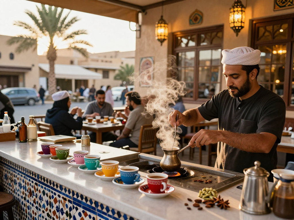 قهوجي الرياض يعد القهوة العربية التقليدية في مقهى حيوي بالرياض