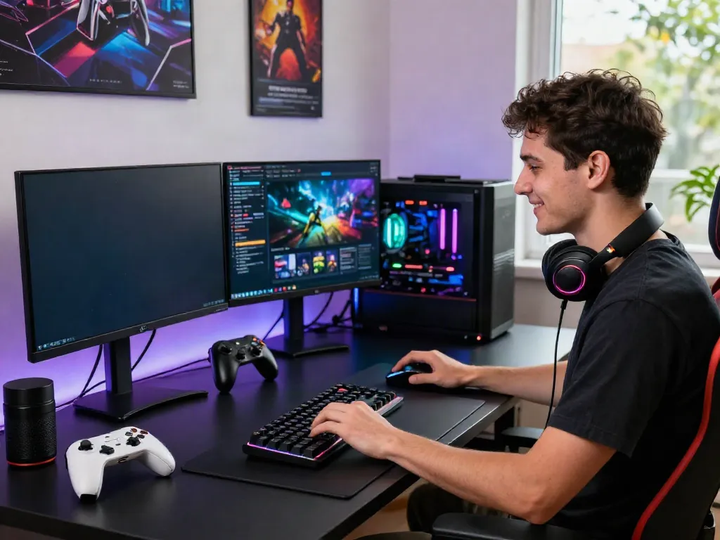 G15Tools gaming workspace showcasing a gamer engaged with tech reviews and vibrant graphics on dual monitors.