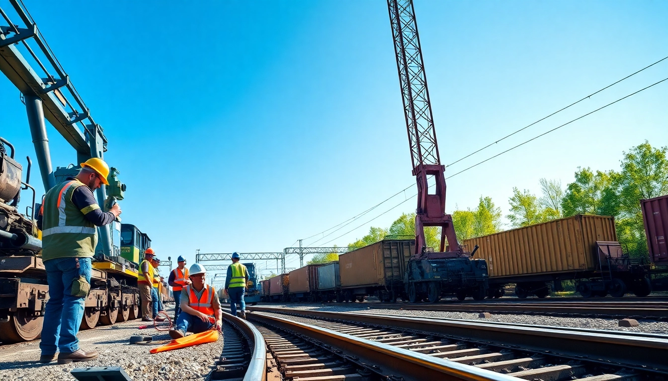 Railroad Contractors supervising track construction amidst machinery.