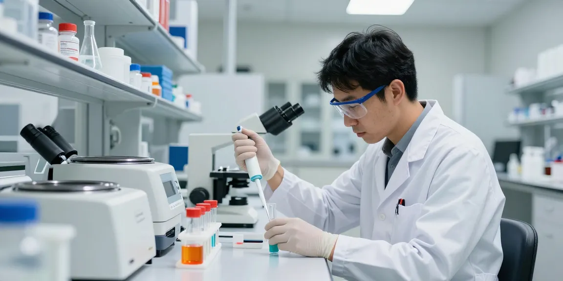 Researcher using SwissChems peptides in a professional lab setting, showcasing laboratory equipment and dedication to scientific innovation.