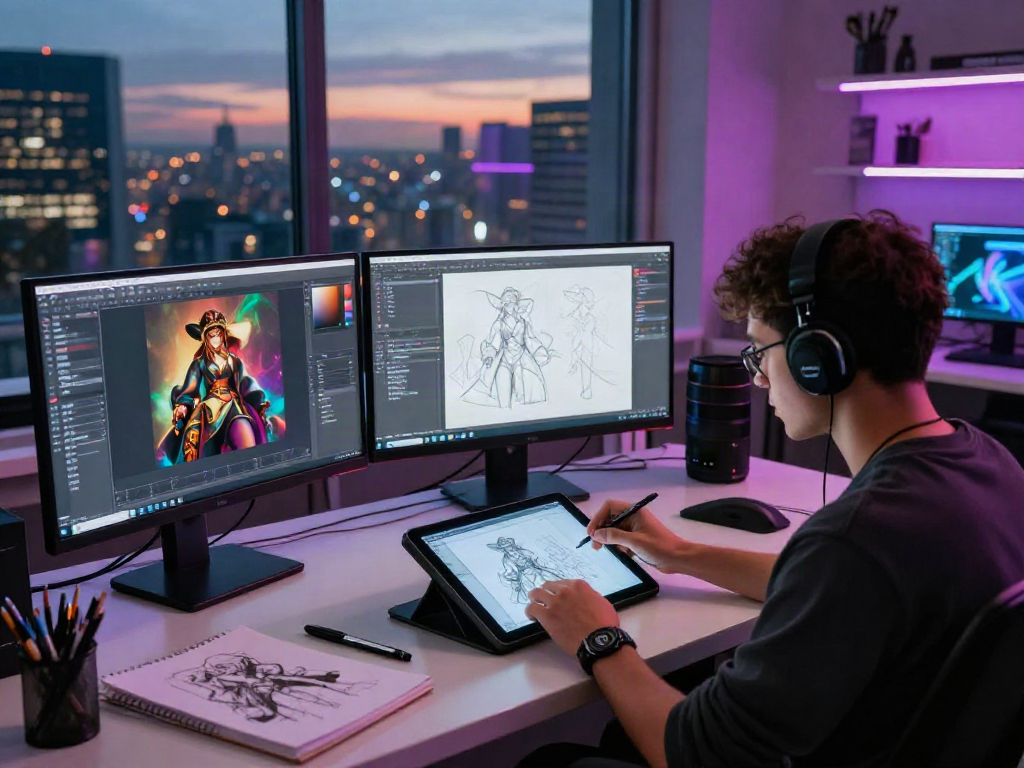 NSFW AI artist creating digital content with futuristic tools in vibrant workspace.
