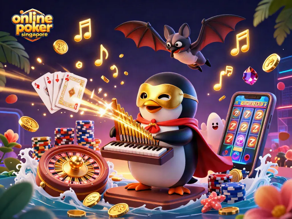 Experience thrilling online poker singapore action with a dynamic 3D illustration featuring a penguin playing organ with coins flying.