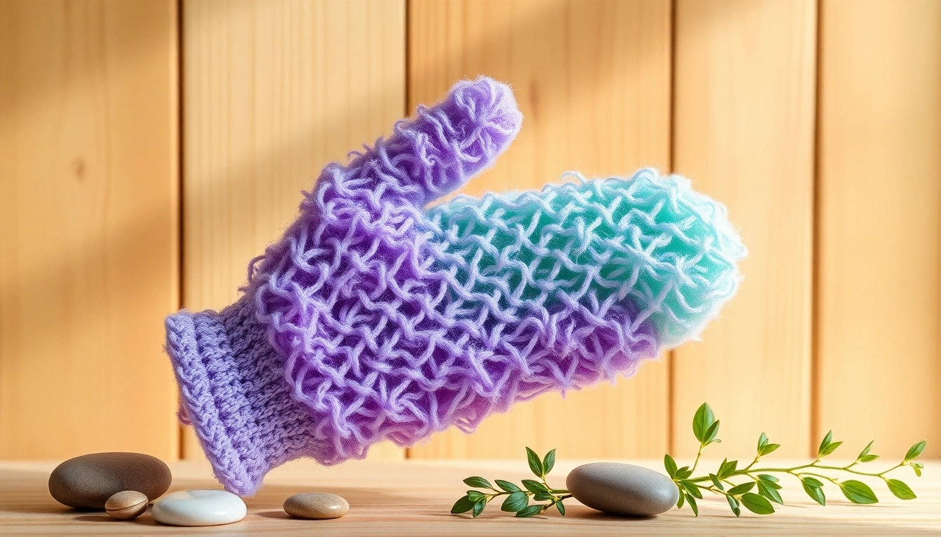 A hand loofah glove highlighted with vibrant colors against a natural wooden setting, emphasizing its unique texture.