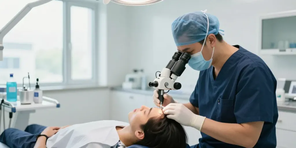 Hair Transplant Malaysia: Skilled surgeon performing SMART™ FUE hair transplant in a professional clinic setting.