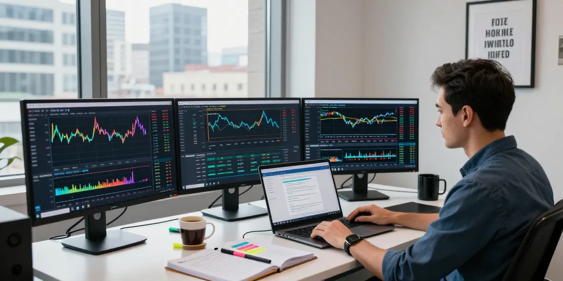 Trader using MetaTrader 5 on multiple screens in a modern workspace.
