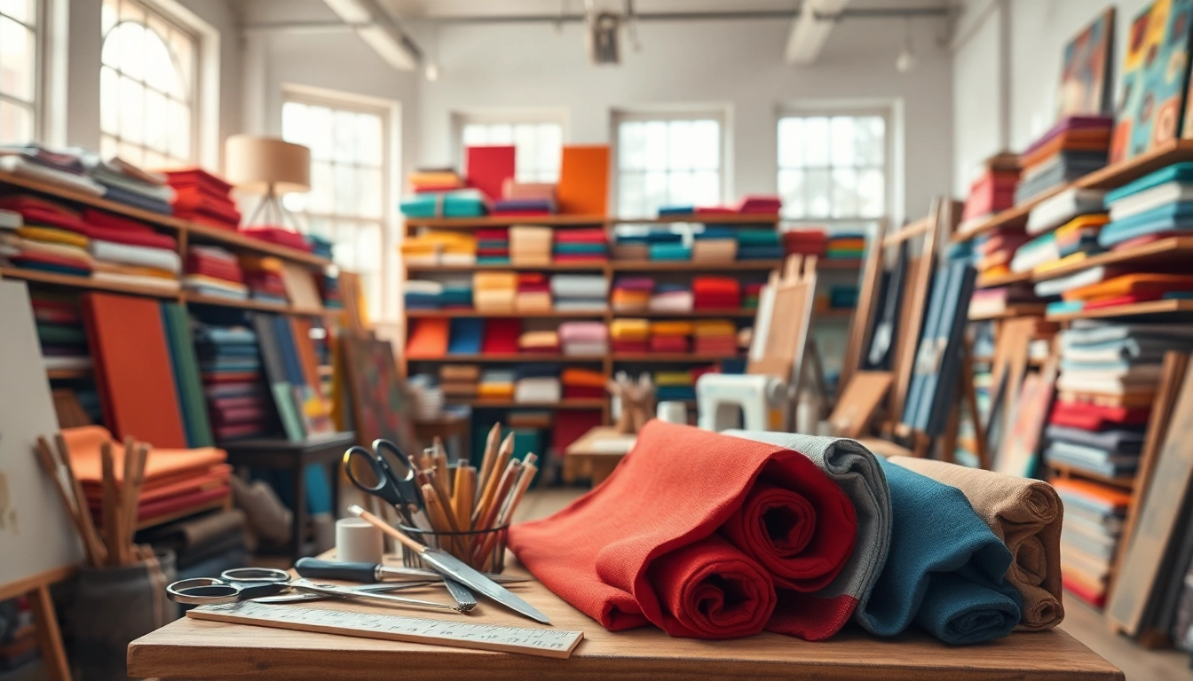 Canvas kopen: kleurrijke canvas stoffen in een inspirerende kunstenaarsstudio.