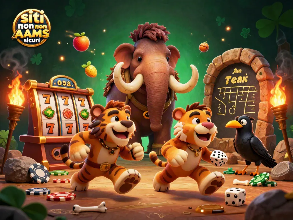 Giocatori nei siti non AAMS sicuri partecipano a un casinò preistorico con slot e monete d'oro.