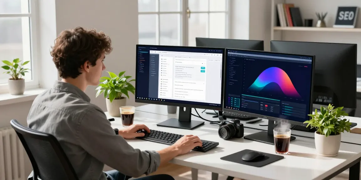 Digital marketer optimizing website for instant indexing in a bright tech workspace.