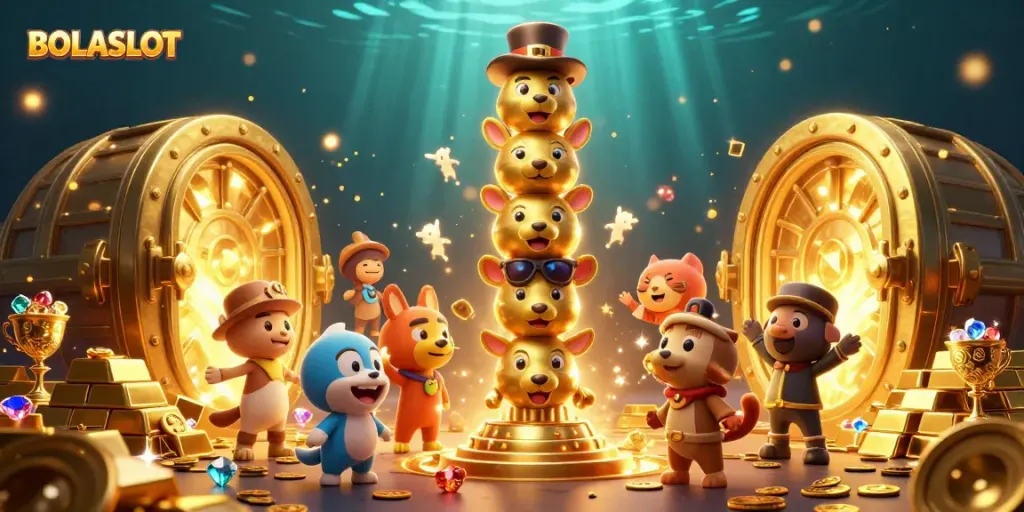 Engage with BOLASLOT's vibrant 3D casino adventure, showcasing a golden totem and treasure bursts.