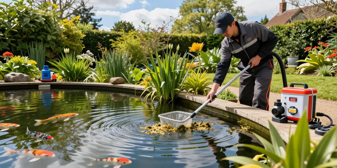 Professional Pond Cleaning Essex in a serene garden pond scene with a cleaner removing debris.