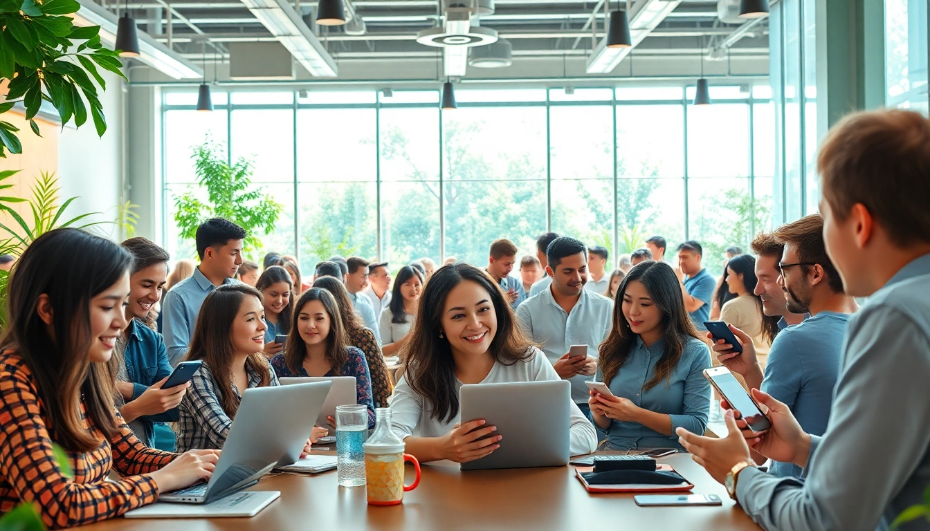 Dynamic forum interaction scene representing community engagement on https://forumup.org/ with diverse individuals sharing ideas.
