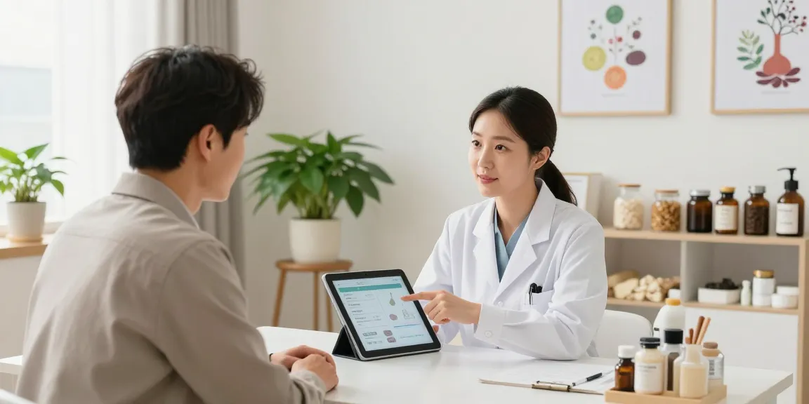 Patient-centered consultation at 수원교통사고한의원 with a female doctor explaining treatment options.