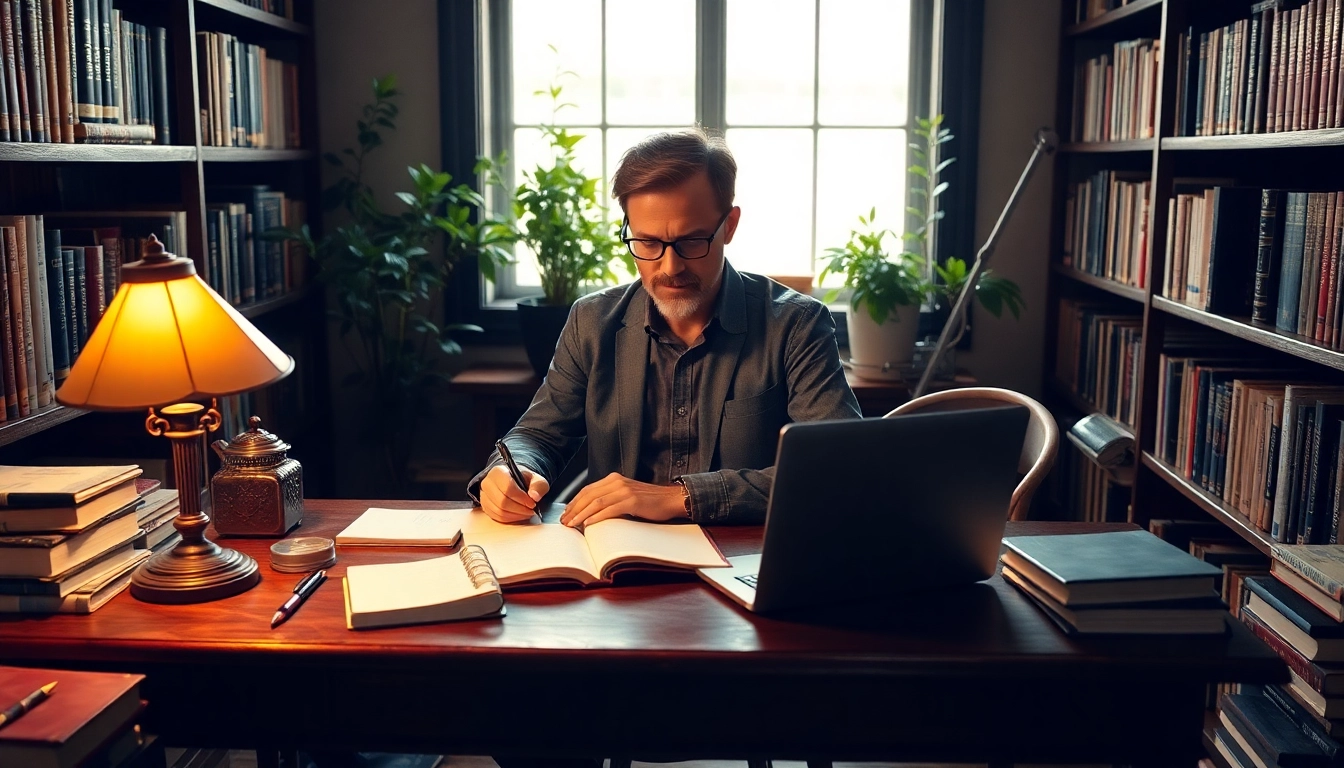 Author writing in a cozy study with books and notes, enhancing the creative atmosphere.