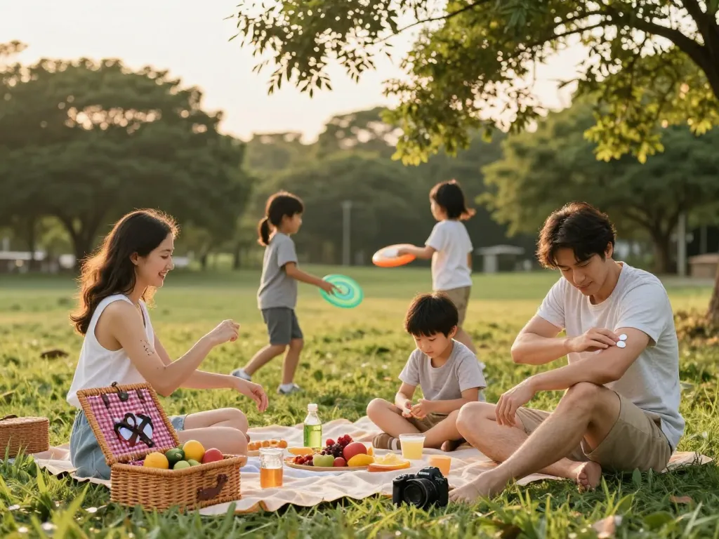 Family enjoying outdoor picnic while using mosquito repellent to stay protected from bites