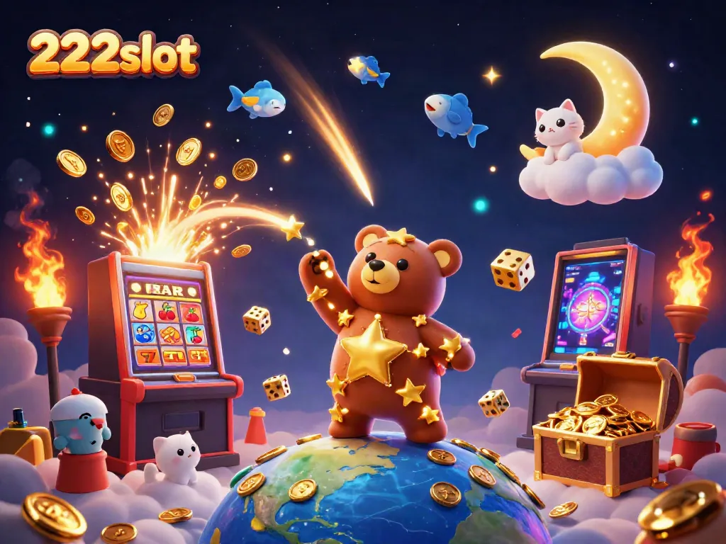 Ilustrasi kartun 3D berisi karakter beruang bintang 222slot mengumpulkan koin dengan perangkat kasino menarik di latar belakang.