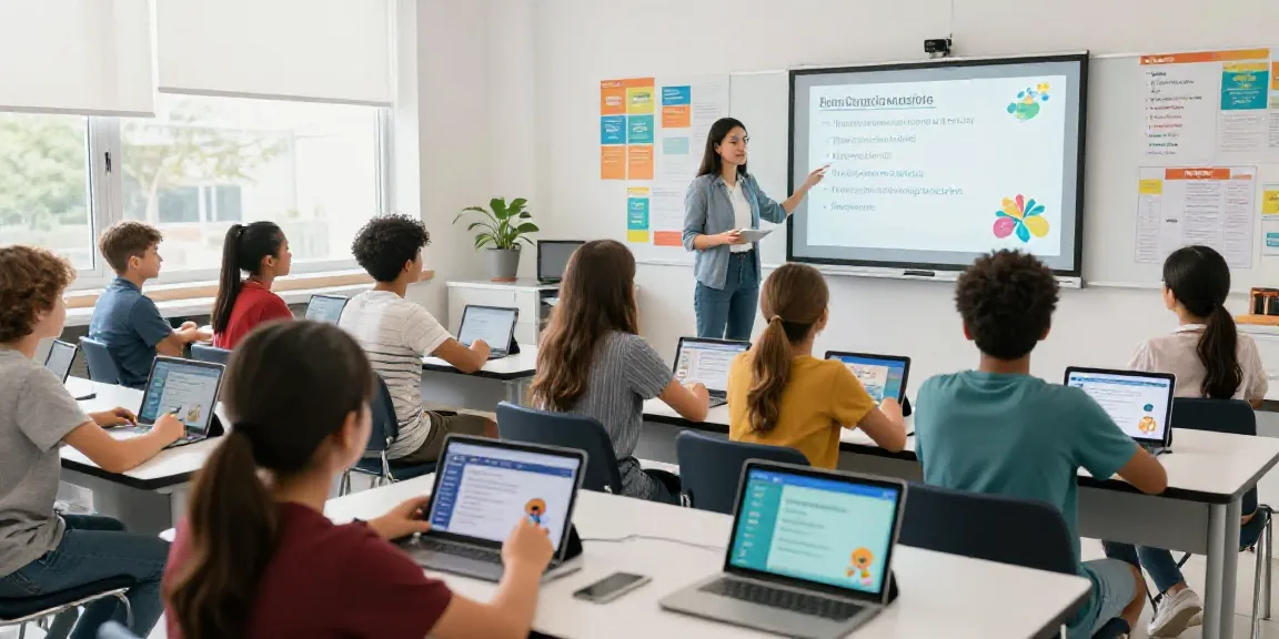 Interactive English learning session in a bright classroom using technology.