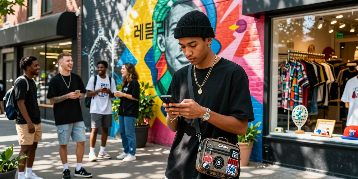 Fashionable individual in streetwear style checking smartphone in vibrant urban setting related to 레플리카.