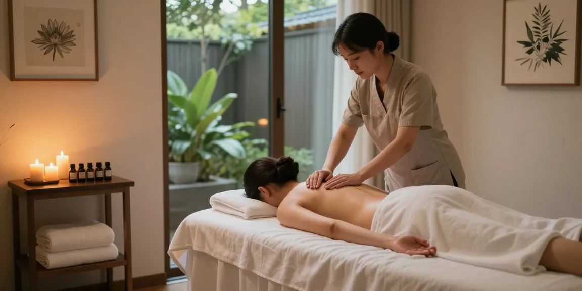 Swedish massage therapist applying essential oils in a serene spa setting with soothing ambiance.