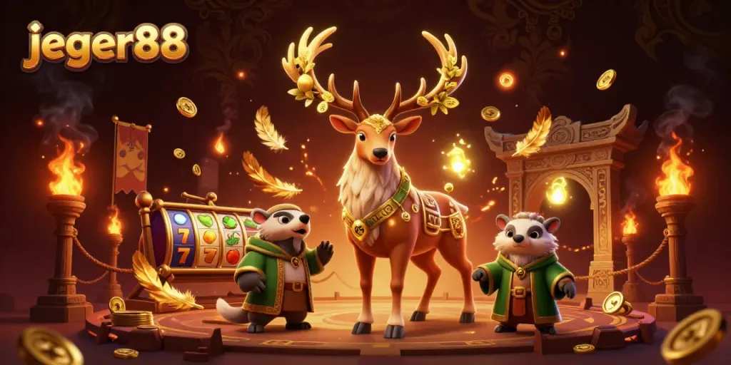 Visualisasi permainan slot online Jeger88 dengan karakter yang menarik dan efek dramatis.