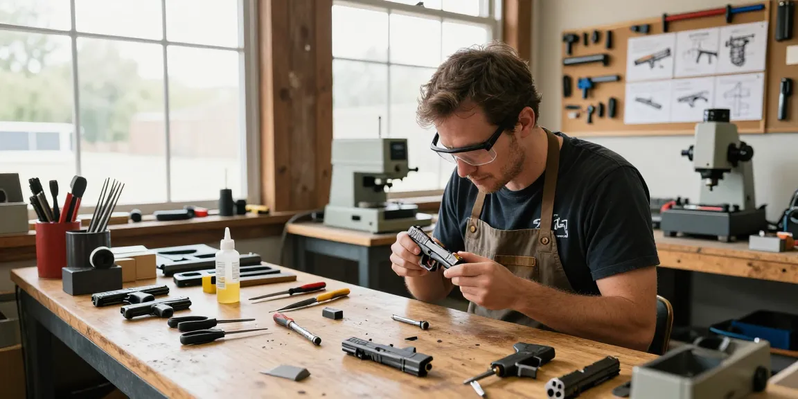 Expert gunsmith assembling aftermarket parts from https://precisionglockslides.com in a well-lit workshop, showcasing precision tools and Glock customization.
