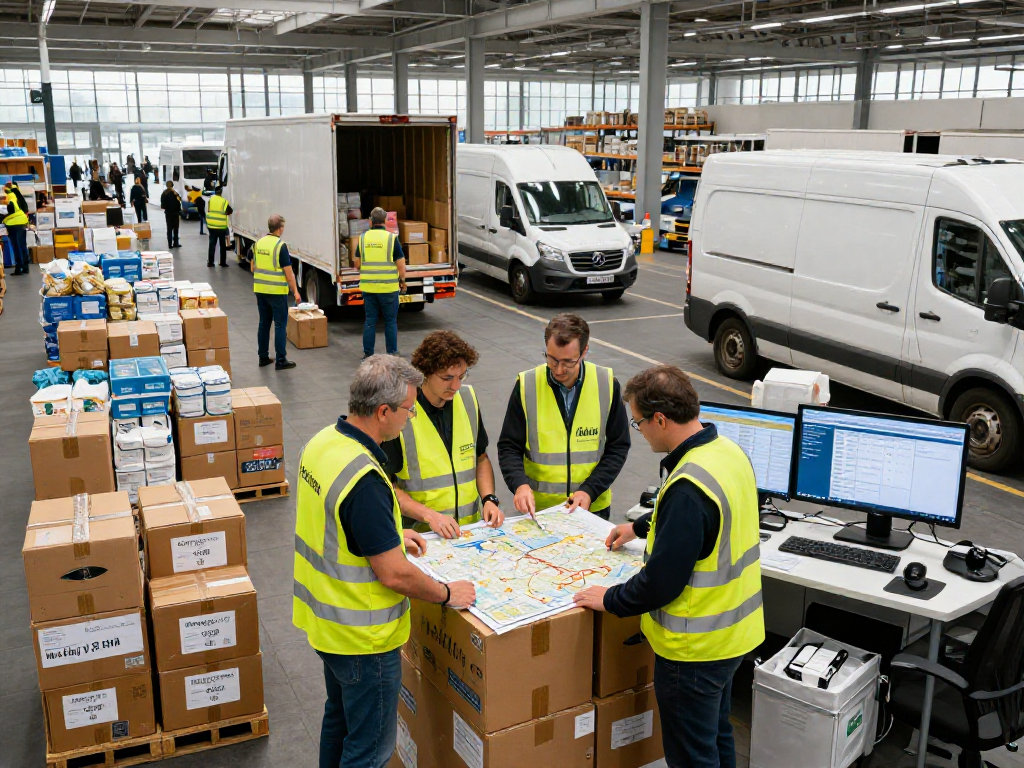 Hilfsgütertransport in Dortmund mit Logistikprofis, die humanitäre Hilfsgüter koordinieren.