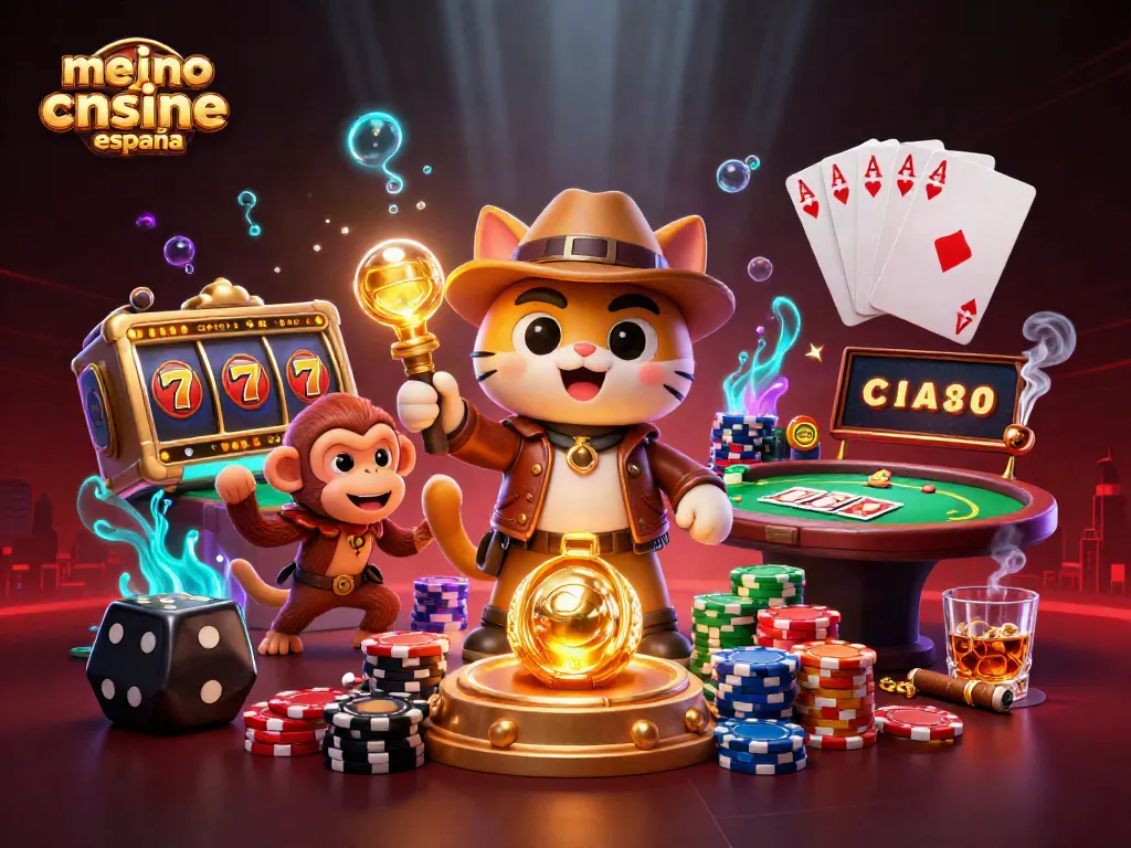 Explora el mejor casino online España con esta ilustración 3D vibrante y llena de acción.